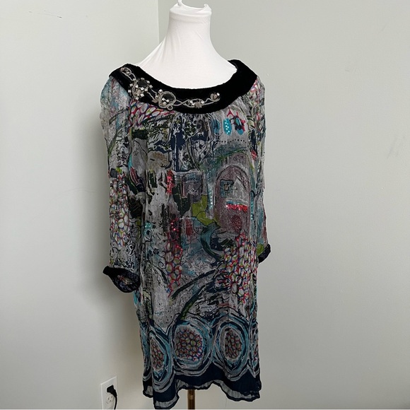 Boho Sheer Printed Tunic Dress • Embellished Neckline • Sequin Detail L - Picture 2 of 8